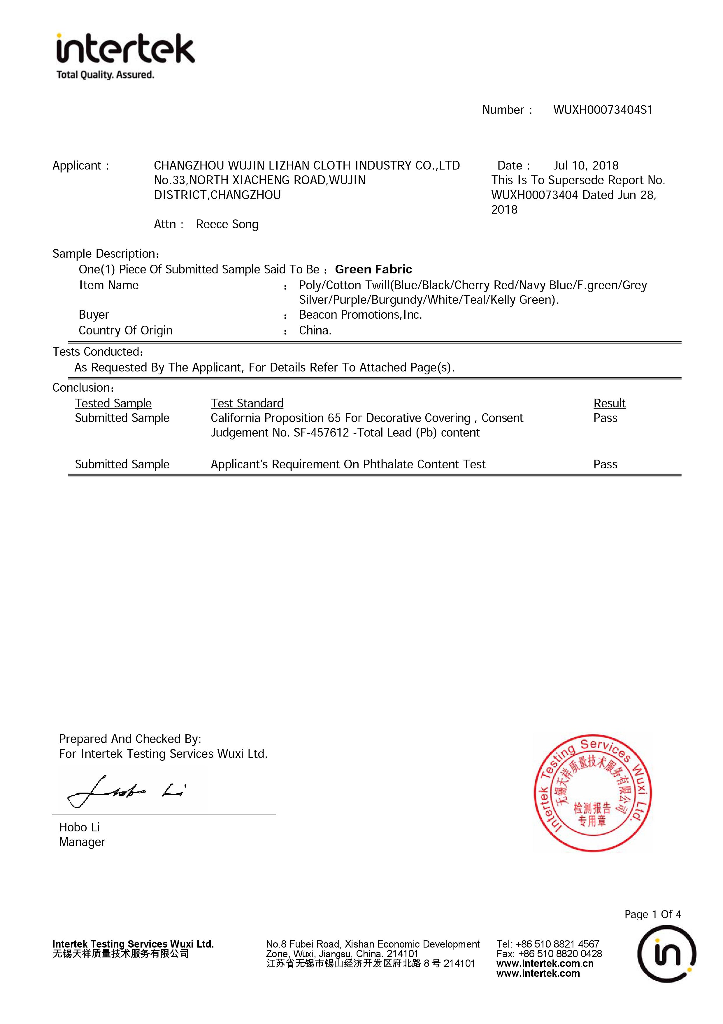 Material Prop65 test report